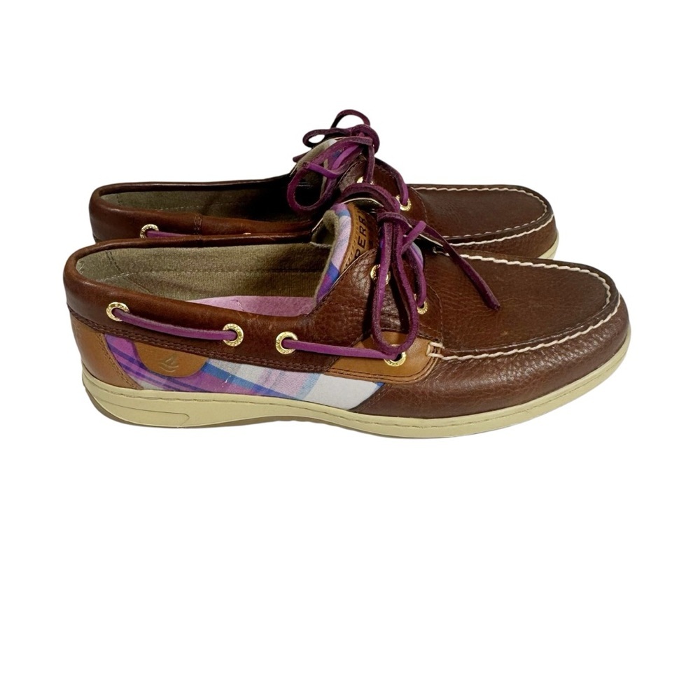 SPERRY Women's 8.5 Bluefish  Boat Shoes Brown Leather Purple Plaid Fabric Accent